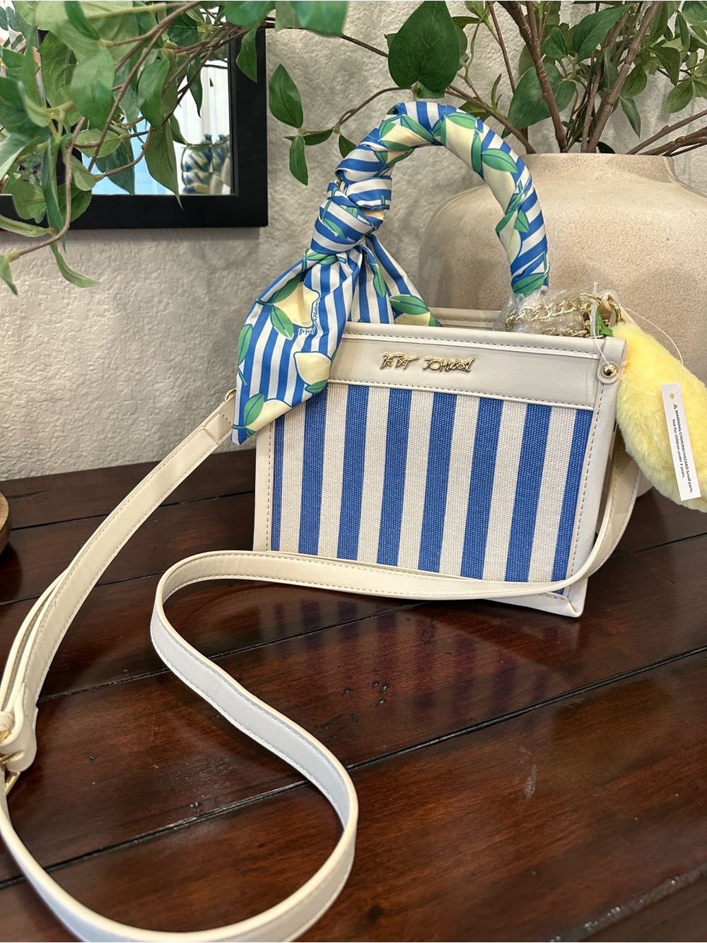 Betsey Johnson Cream & Blue Striped Top-Handle Crossbody with Scarf